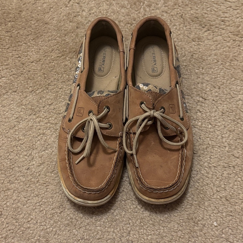 Sperry Brown Leather Boat Shoes with Beige Laces and Sequin Leopard Accents